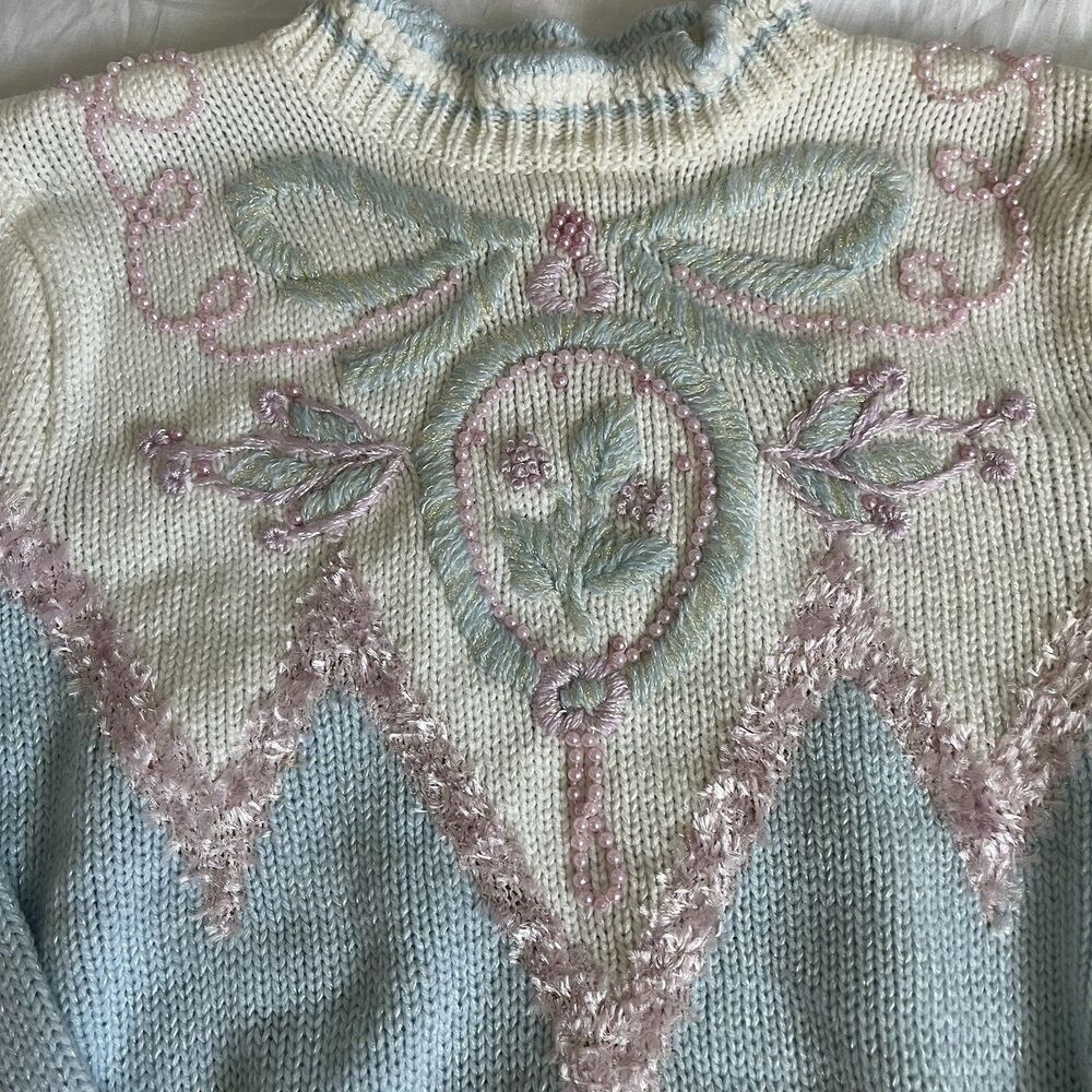 Vintage 80s/90s Pastel Beaded Embroidered Cottagecore Sweater L Jaclyn Smith - Picture 2 of 3